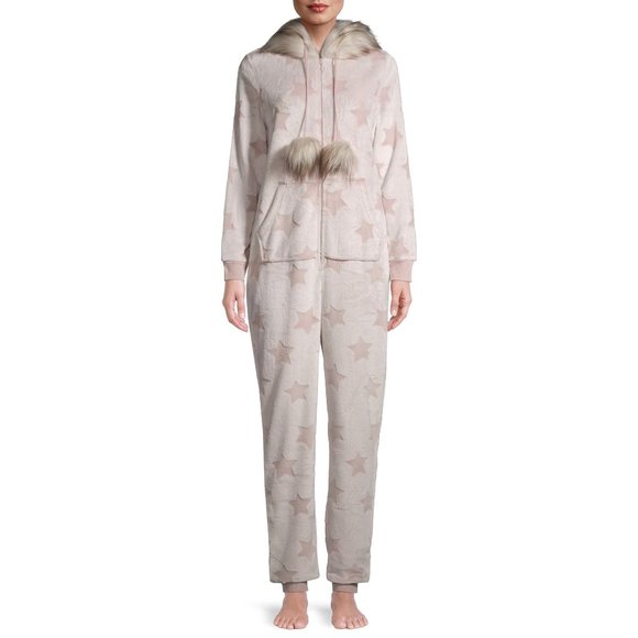 Secret Treasures Faux Fur One Piece Plush Hooded Pajamas PJs Fleece Onesie - Picture 1 of 5